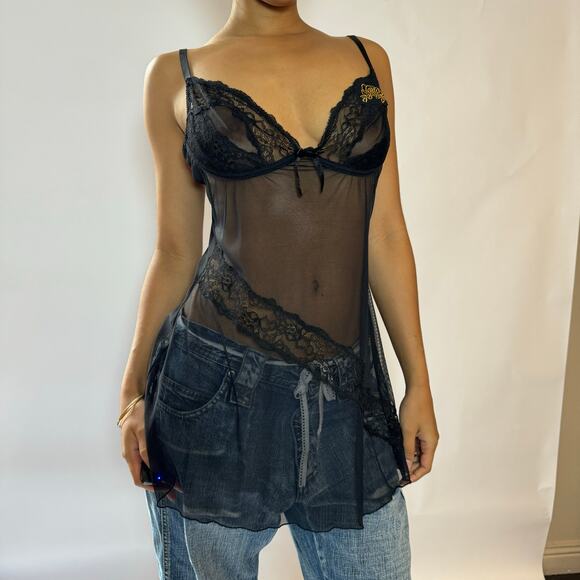Vintage Y2K Coquette Goth Sheer Mesh Cami with Lace Panels (M) - Picture 1 of 6